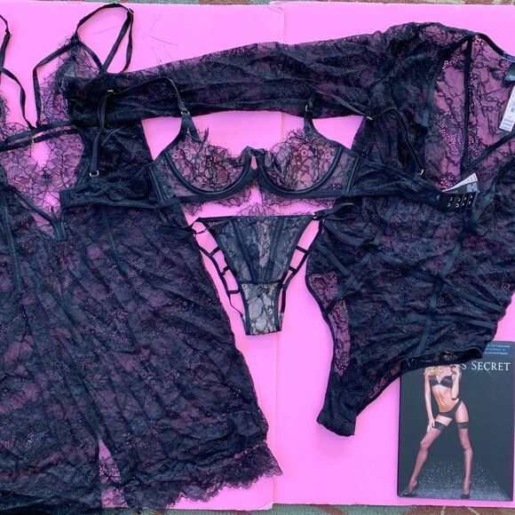 NWT VS unlined 34B BRA SET+Teddy+slip BLACK LACE